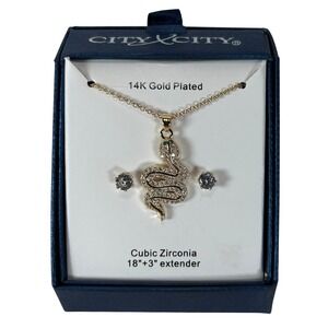 City by City 14K Gold Plated Snake Necklace & Stud Earrings Set Cubic Zirconia